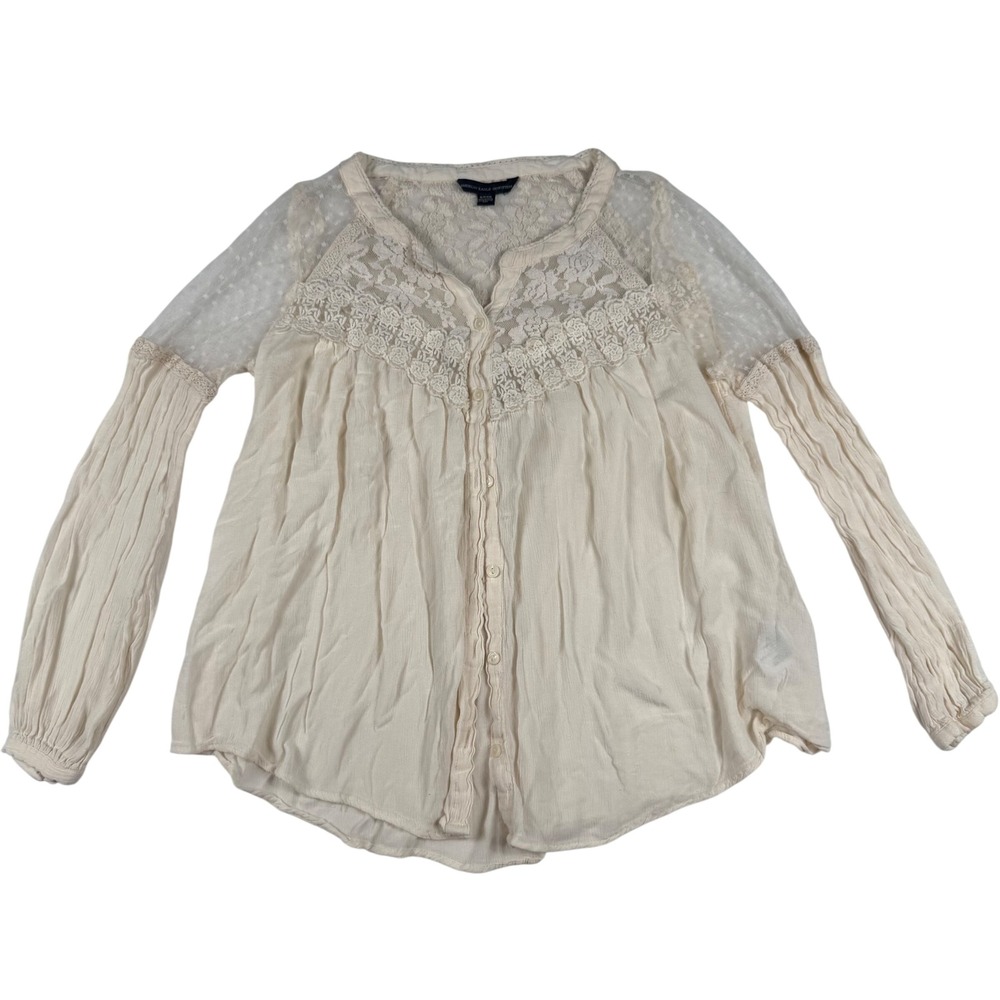 American Eagle Lace Mesh Blouse Small Cream Boho Cottagecore Victorian Top‎